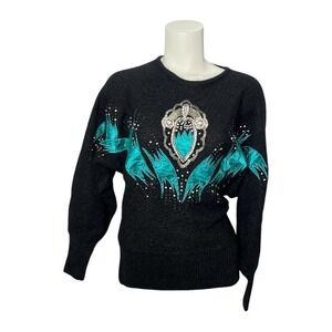 Cedars Vintage 80's Black‎ Beaded Sequined Embellished Sweater Angora Medium